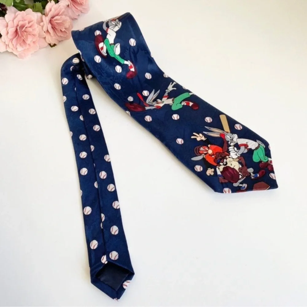 Vintage 1994 Looney Tunes Mania Blue Baseball Characters Printed Necktie